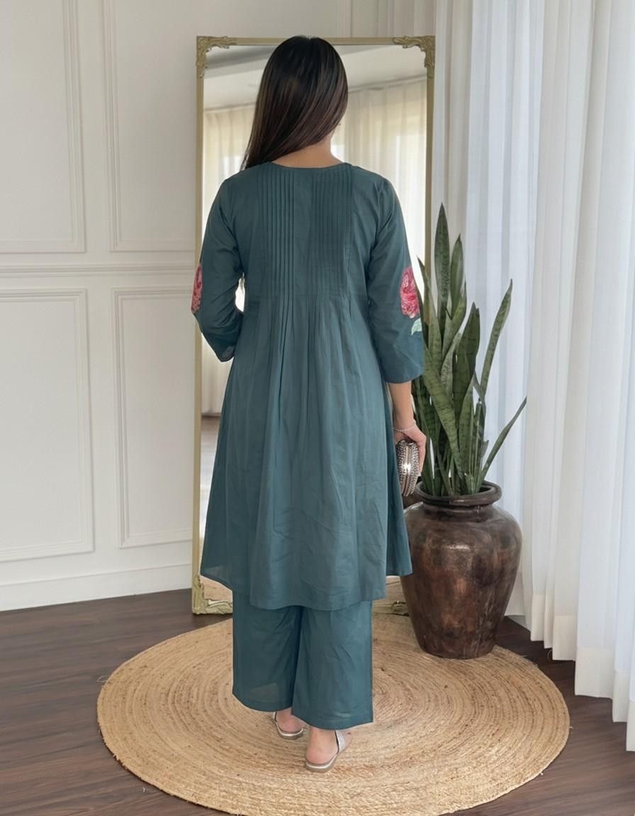 Women's Teal Floral Embroidered A-Line Kurta & Palazzo Set