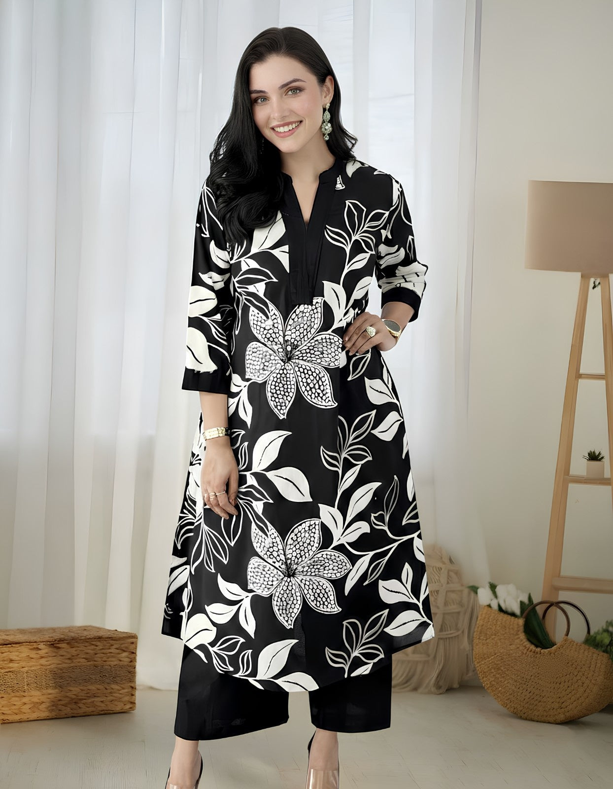 Midnight Bloom Black & White Floral Coord Set