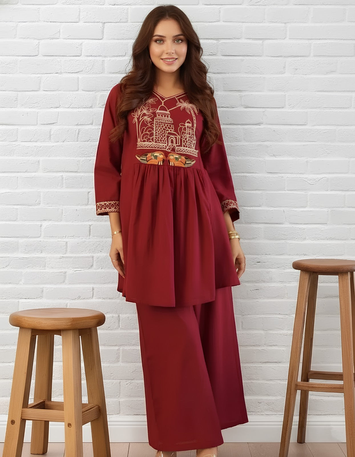 Maroon Heritage Embroidered Coord Set
