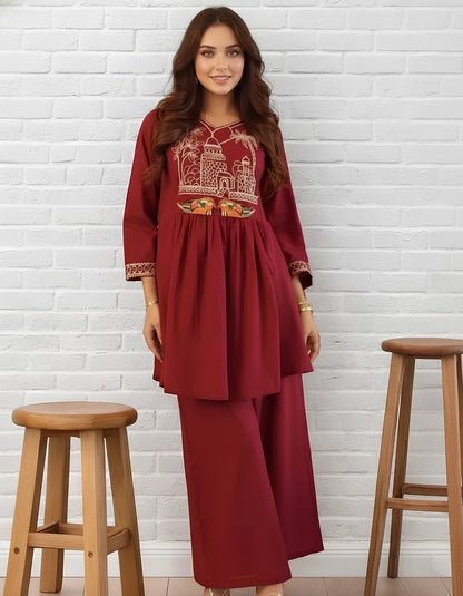 Maroon Heritage Embroidered Coord Set