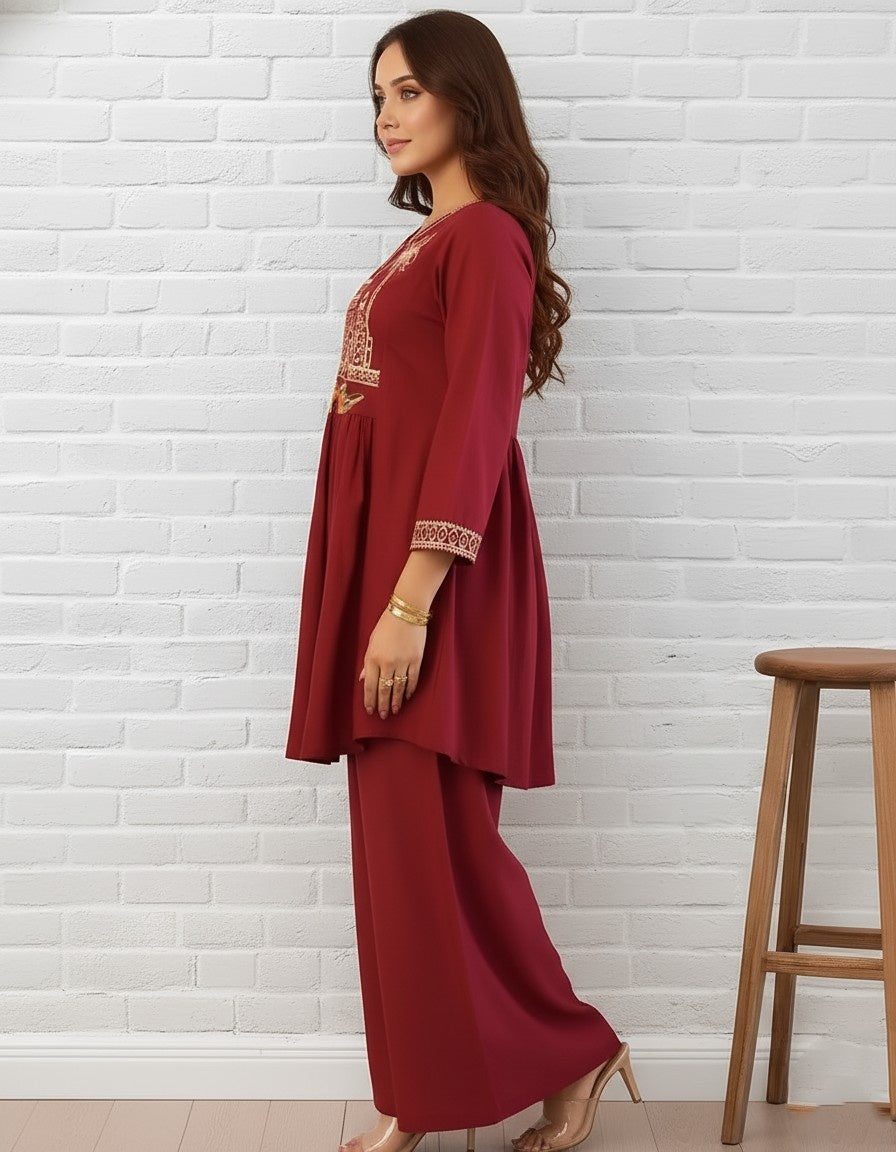 Maroon Heritage Embroidered Coord Set