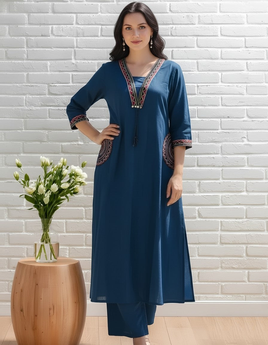 Teal Embroidered Straight Kurta Set