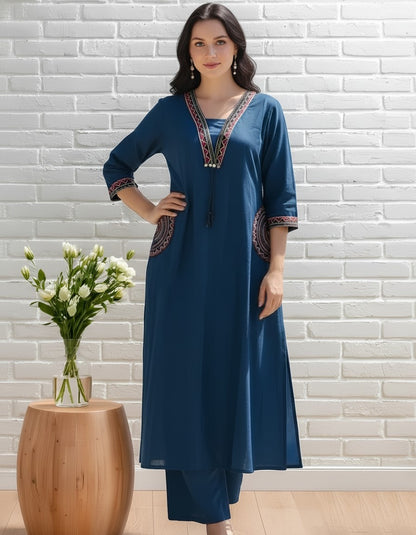 Teal Embroidered Straight Kurta Set