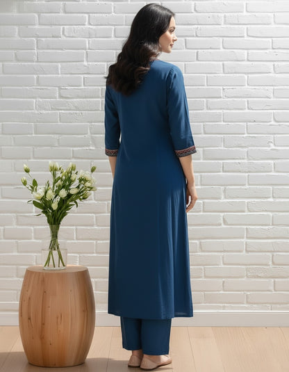 Teal Embroidered Straight Kurta Set