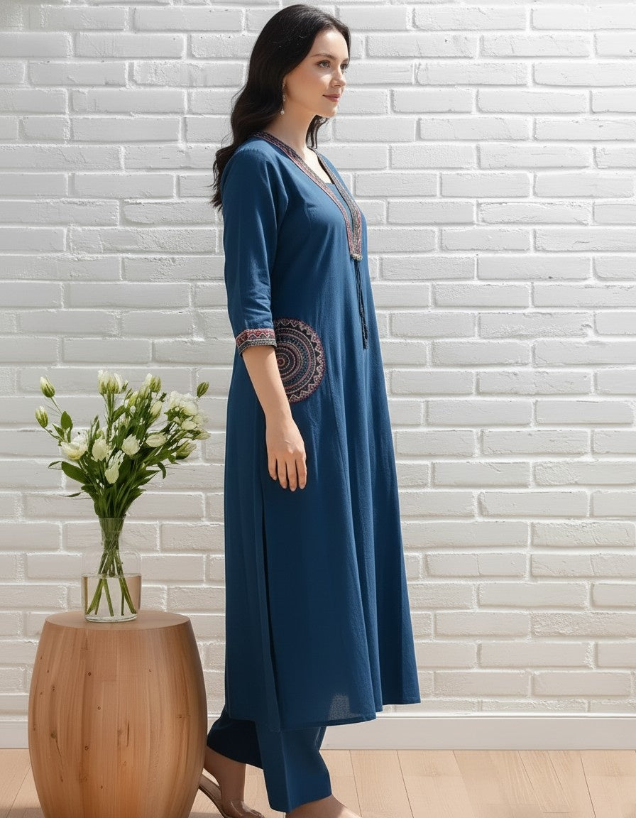 Teal Embroidered Straight Kurta Set