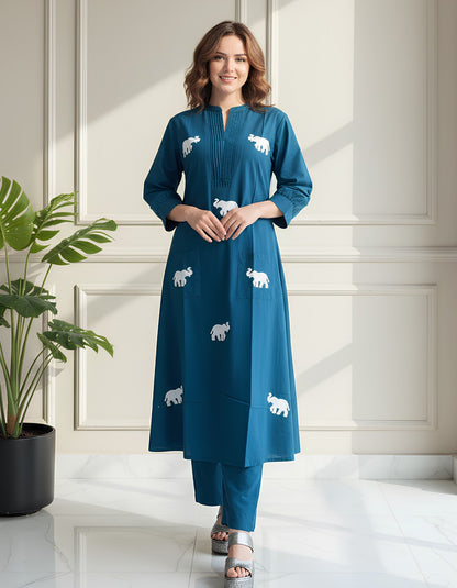 Teal Elephant Print Kurta Set
