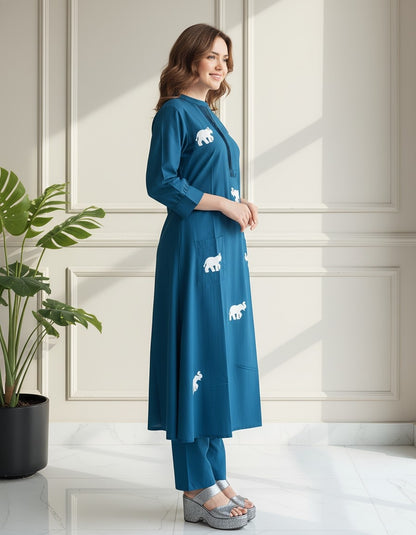 Teal Elephant Print Kurta Set
