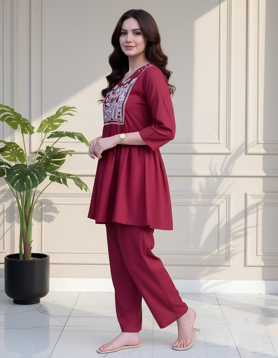 Maroon Embroidered Kurta Pant Set