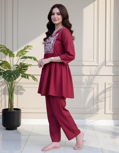 Maroon Embroidered Kurta Pant Set