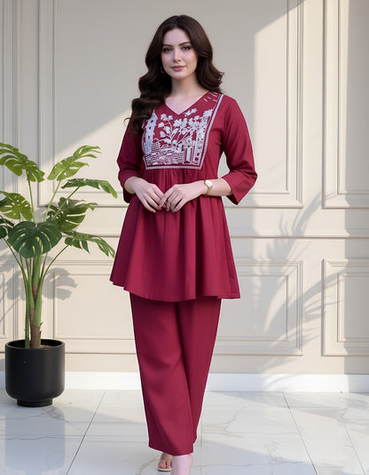 Maroon Embroidered Kurta Pant Set
