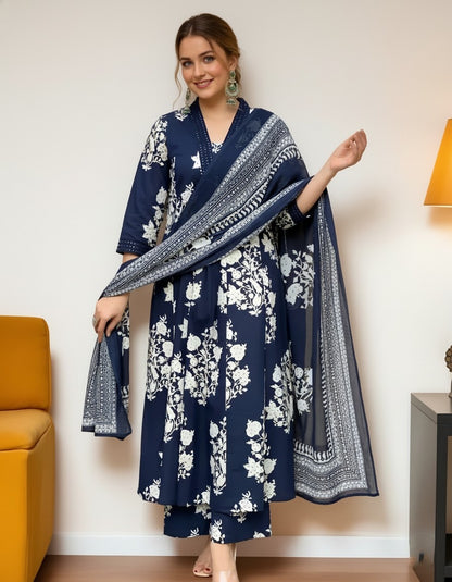 Navy Blue Floral Printed Kurta Set with Dupatta for Women