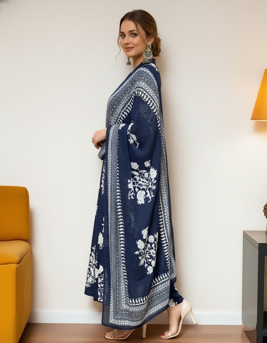 Navy Blue Floral Printed Kurta Set with Dupatta for Women