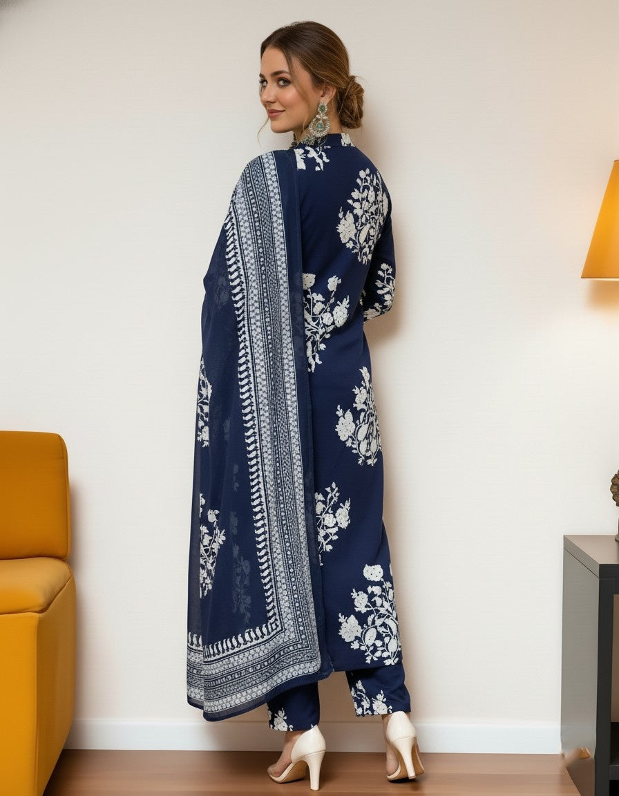 Navy Blue Floral Printed Kurta Set with Dupatta for Women