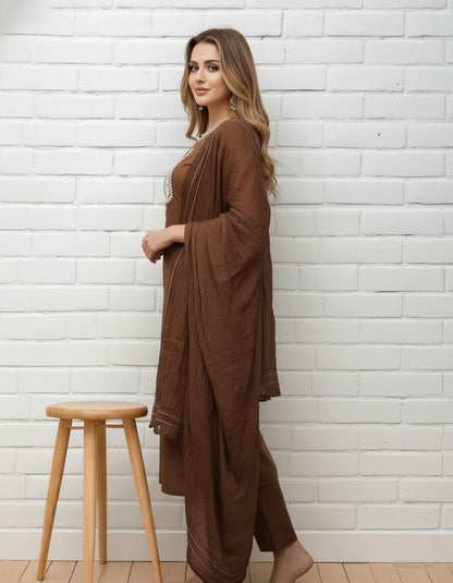 Brown Embroidered Kurta Set with Dupatta for Women
