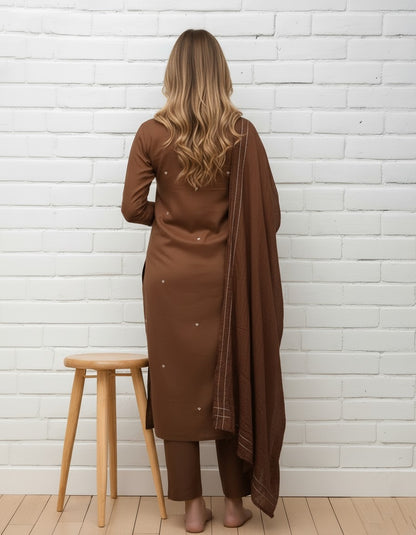 Brown Embroidered Kurta Set with Dupatta for Women
