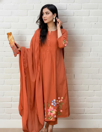Rust Orange Floral Embroidered Kurta Set with Dupatta for Women