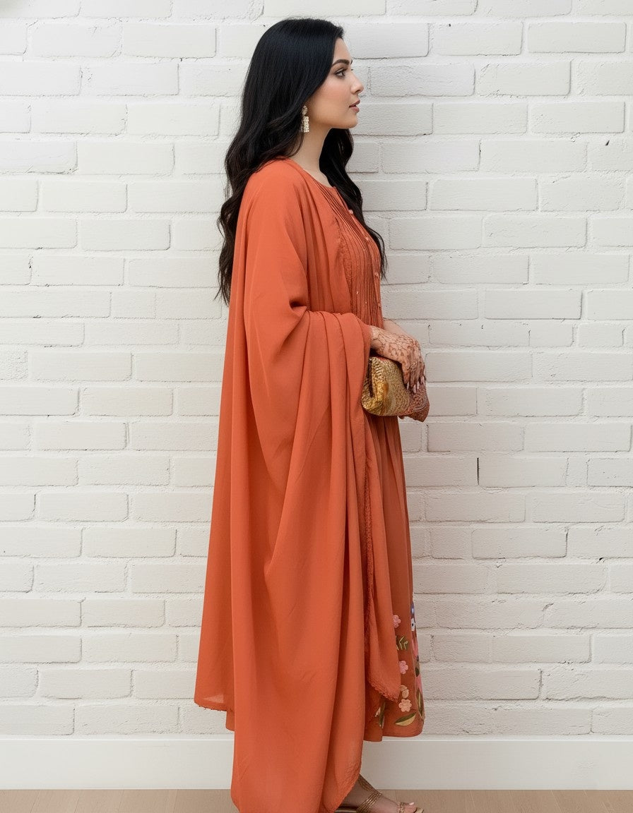 Rust Orange Floral Embroidered Kurta Set with Dupatta for Women