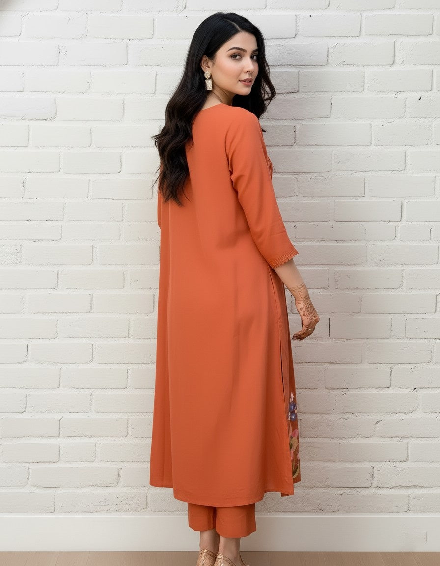 Rust Orange Floral Embroidered Kurta Set with Dupatta for Women