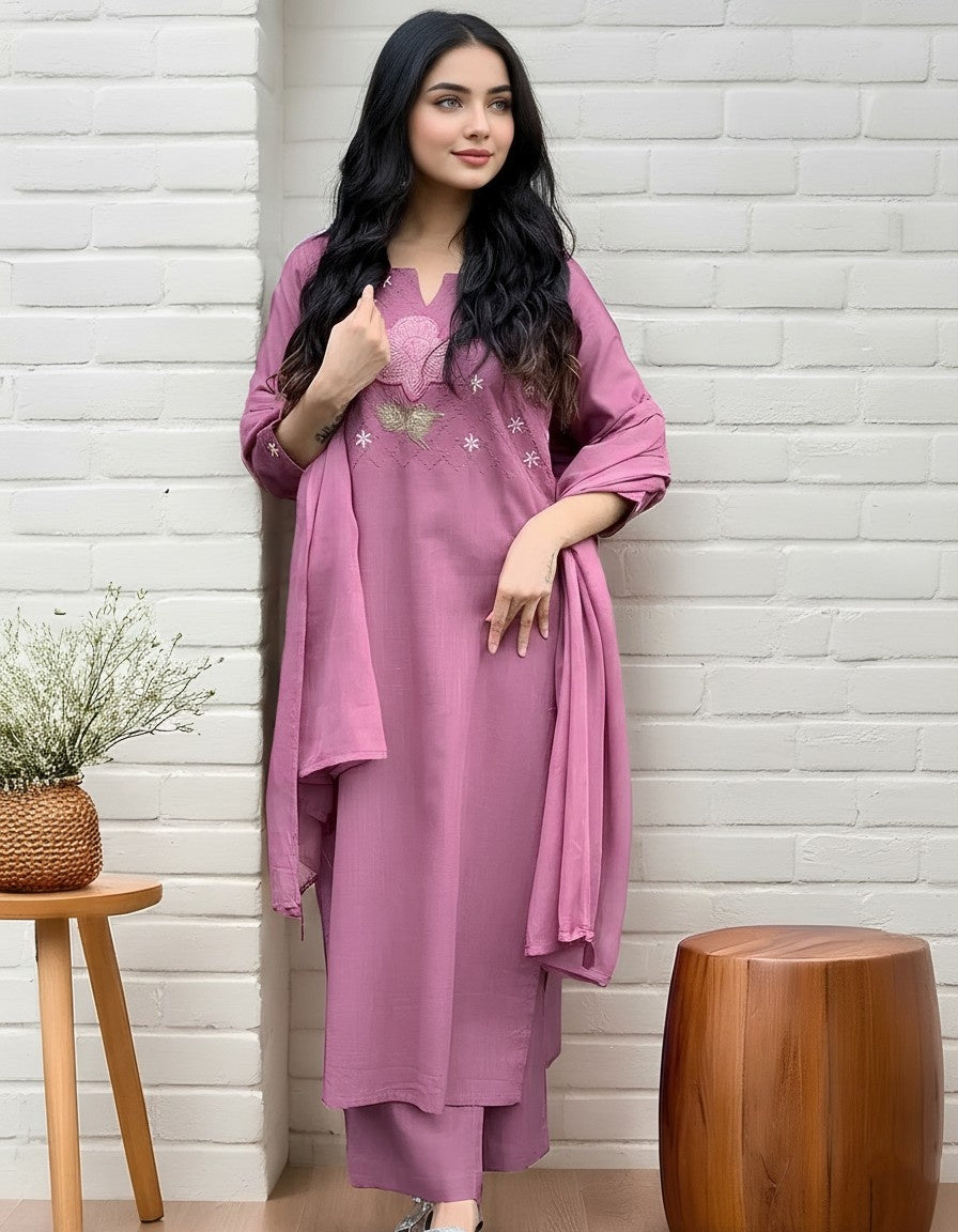 Elegant Mauve Embroidered Kurta Set for Women with Dupatta