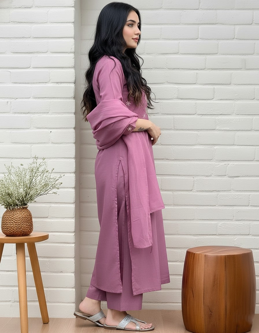 Elegant Mauve Embroidered Kurta Set for Women with Dupatta