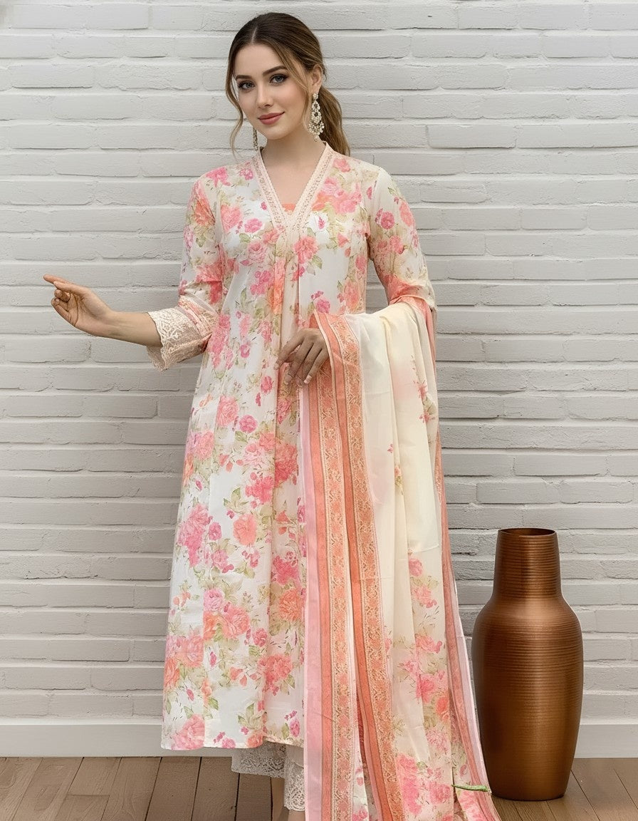 Elegant Floral Printed Kurta Set with Dupatta for Women