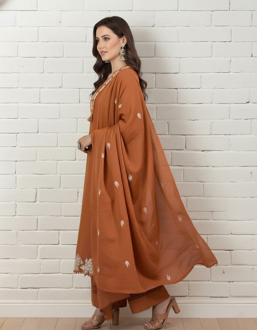 Elegant Rust Orange Embroidered Kurta Set with Dupatta for Women