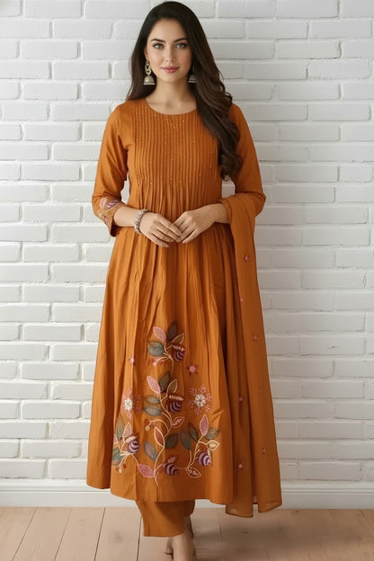 Elegant Mustard Embroidered Kurta Set with Dupatta for Women