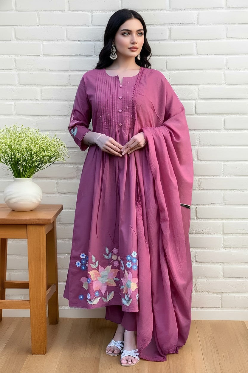 Elegant Pink Floral Embroidered Kurta Set with Dupatta for Women