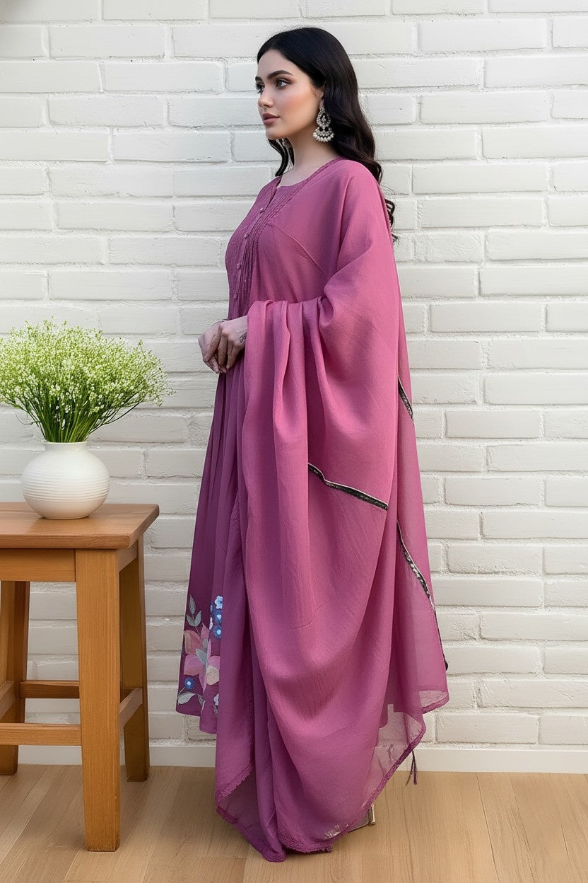 Elegant Pink Floral Embroidered Kurta Set with Dupatta for Women