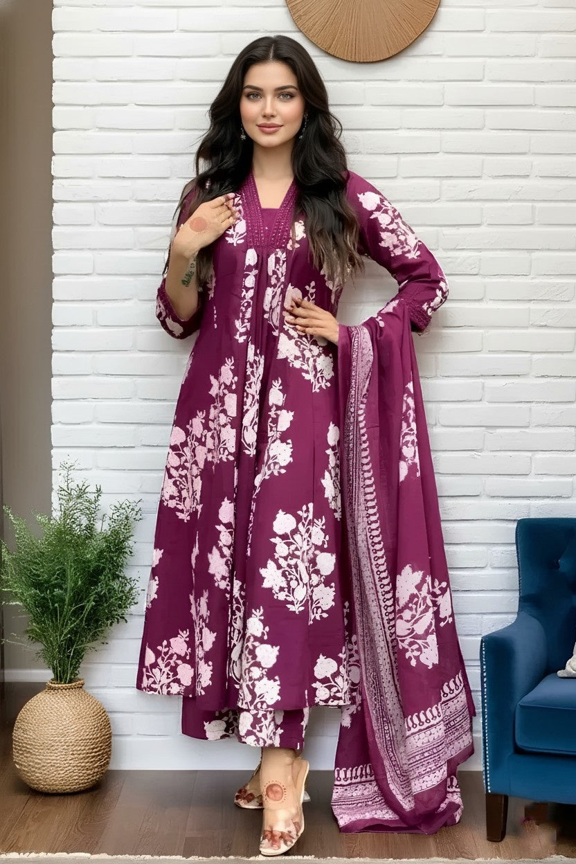 Elegant Wine Floral Printed Kurta Set with Dupatta for Women