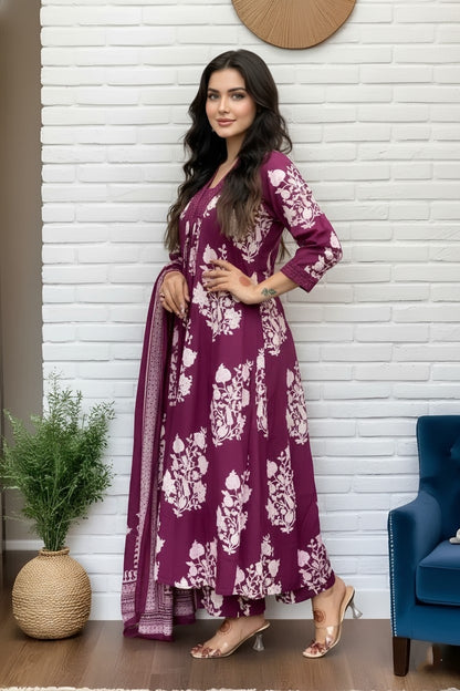 Elegant Wine Floral Printed Kurta Set with Dupatta for Women