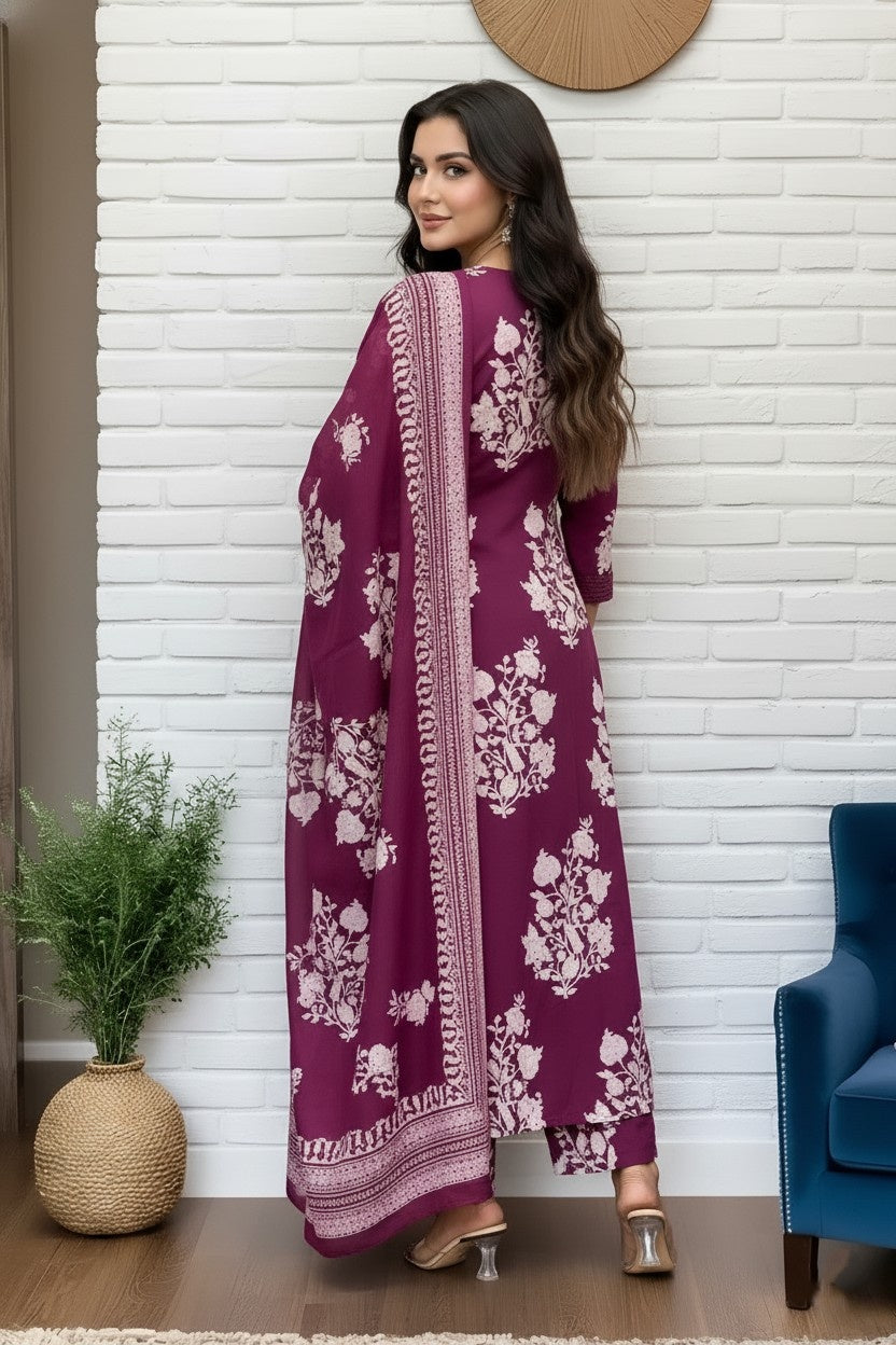 Elegant Wine Floral Printed Kurta Set with Dupatta for Women