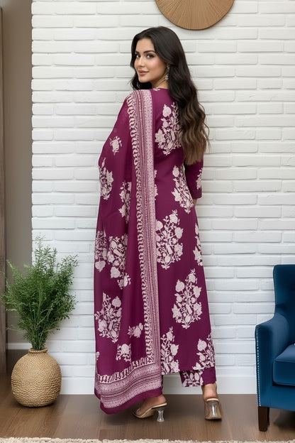 Elegant Wine Floral Printed Kurta Set with Dupatta for Women