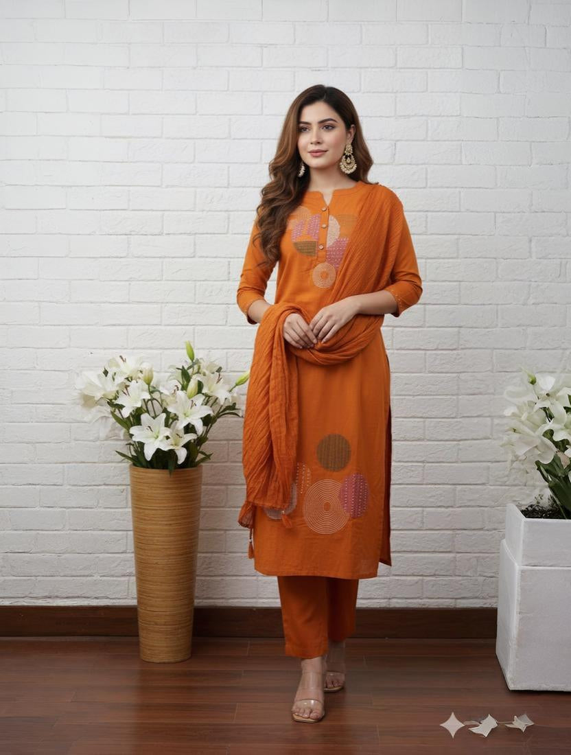 Mustard Orange Cotton Kurta Set with Contemporary Geometric Embroidery and Dupatta