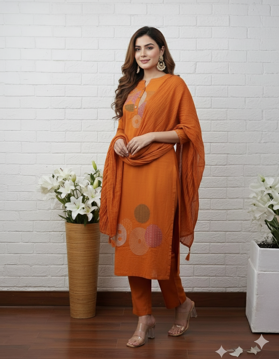 Mustard Orange Cotton Kurta Set with Contemporary Geometric Embroidery and Dupatta