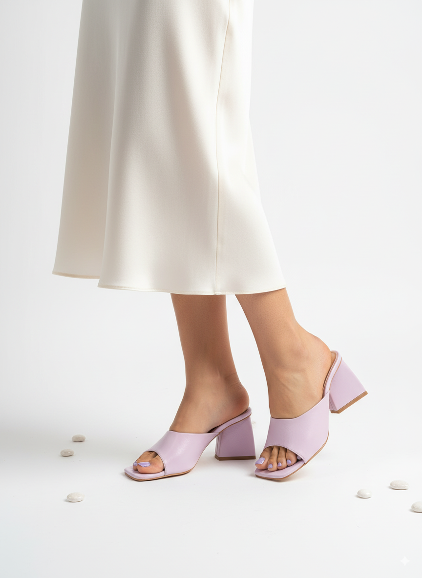 Women's Lavender Block Heel Mules – Pastel Slip-On Heeled Sandals