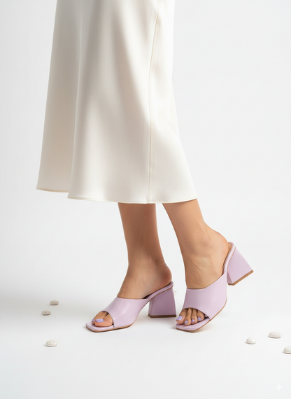 Women's Lavender Block Heel Mules – Pastel Slip-On Heeled Sandals