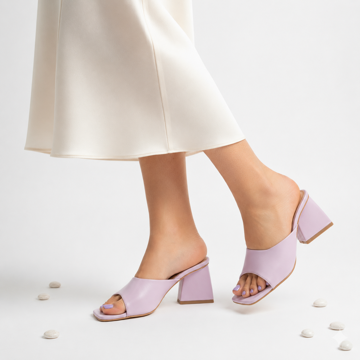 Women's Lavender Block Heel Mules – Pastel Slip-On Heeled Sandals