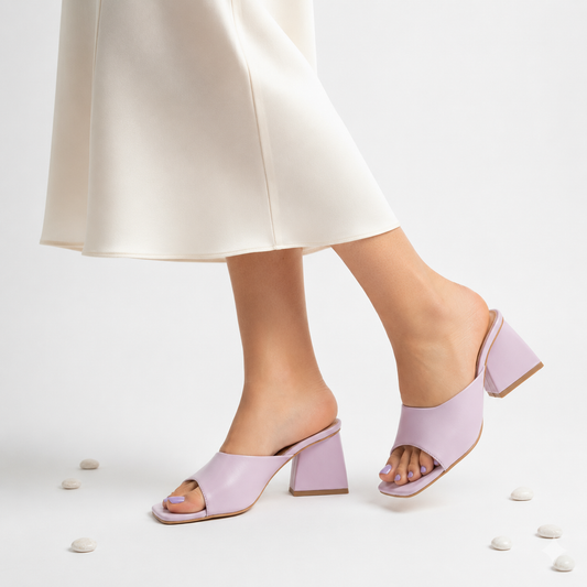 Women's Lavender Block Heel Mules – Pastel Slip-On Heeled Sandals