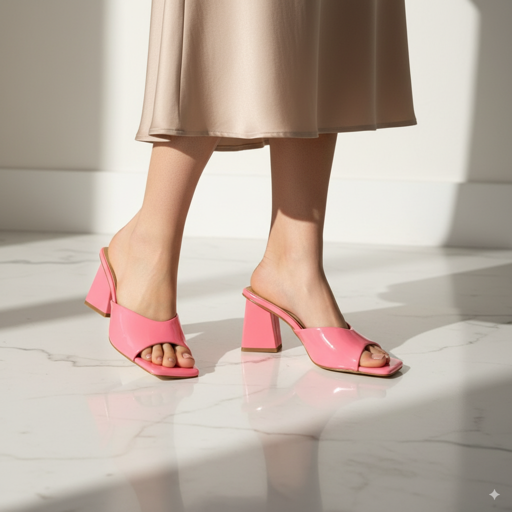 Women's Glossy Pink Block Heel Slip-On Sandals | Chic Square Toe Mid Heel Mules