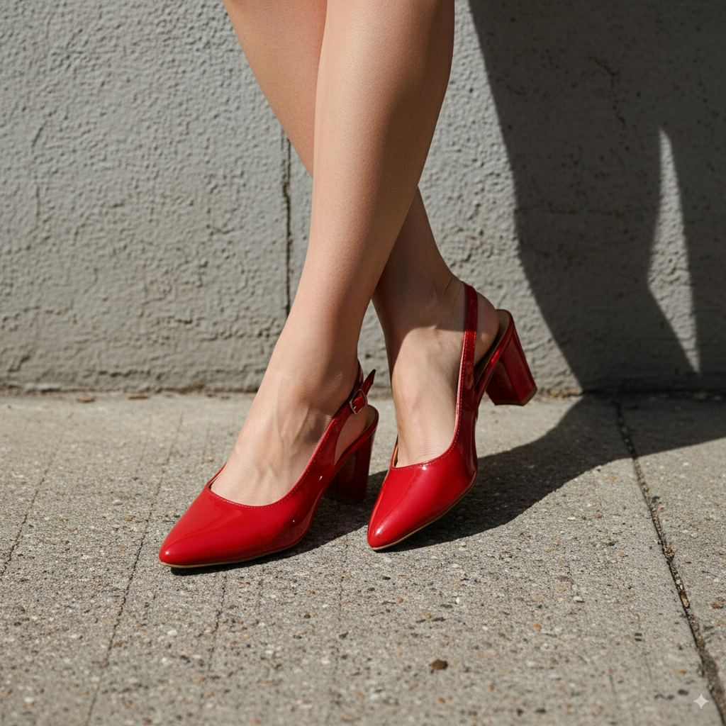 Women's Red Slingback Block Heel Pumps | Glossy Pointed Toe Mid Heel Sandals