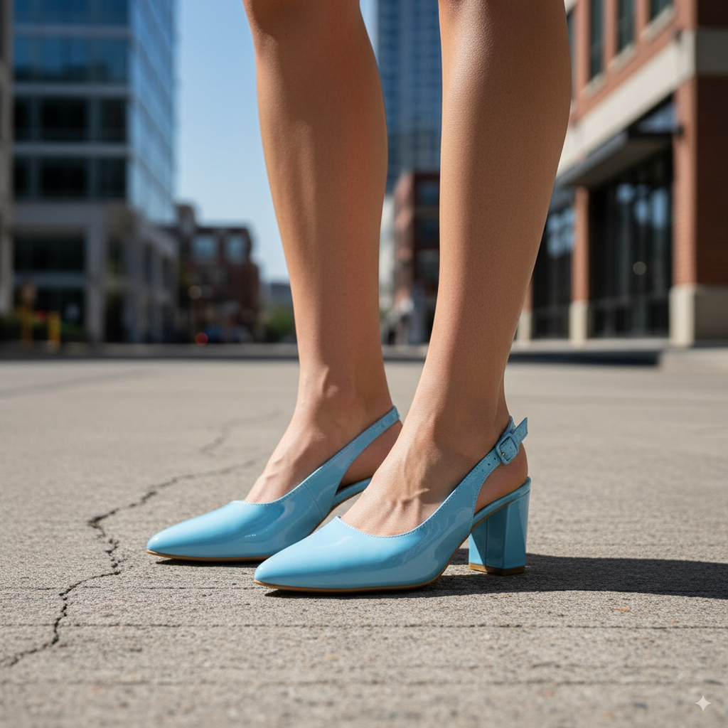 Women's Sky Blue Slingback Block Heel Pumps | Glossy Pointed Toe Mid Heel Shoes