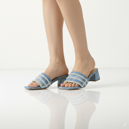 Women's Blue Denim Block Heel Slip-On Sandals | Striped Open Toe Mid Heel Mules