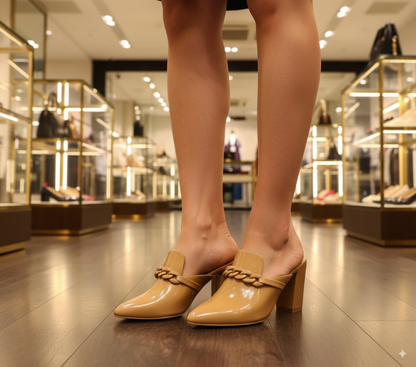 Tan Patent Pointed-Toe Block Heels – Elegant Chain Detail