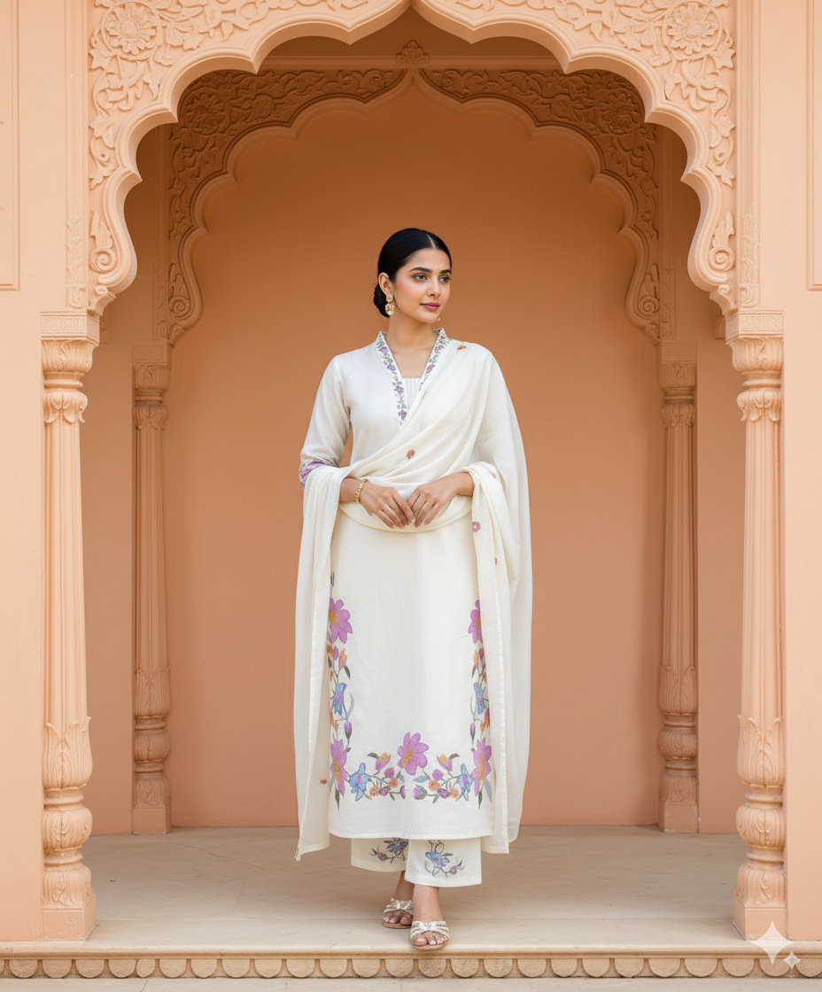 Serene Bloom: The Artisanal Ivory & Pastel Kurta Set
