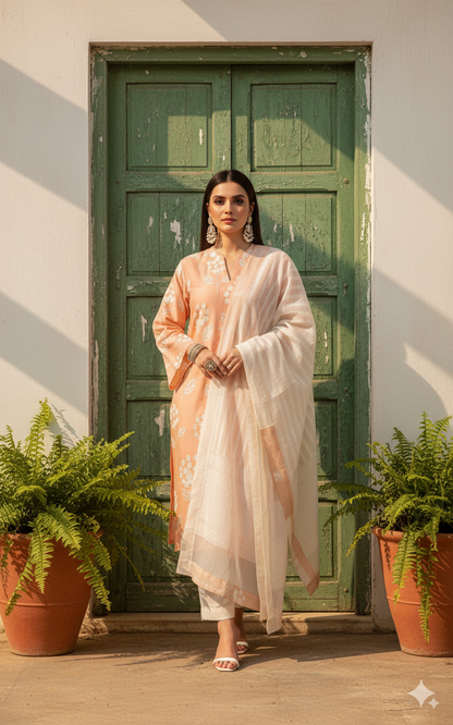 Peach Blossom Radiance: The Embroidered Luxe Cotton Set