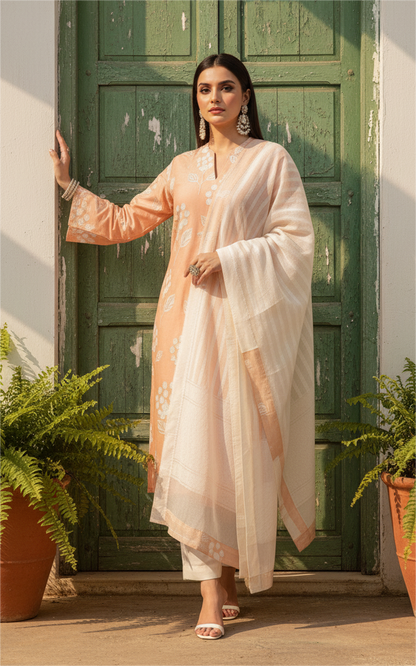 Peach Blossom Radiance: The Embroidered Luxe Cotton Set