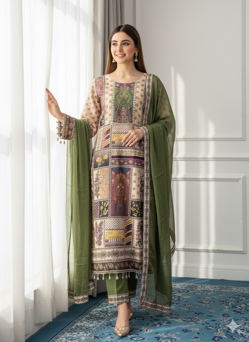 Elegant Printed Beige Kurta with Green Dupatta