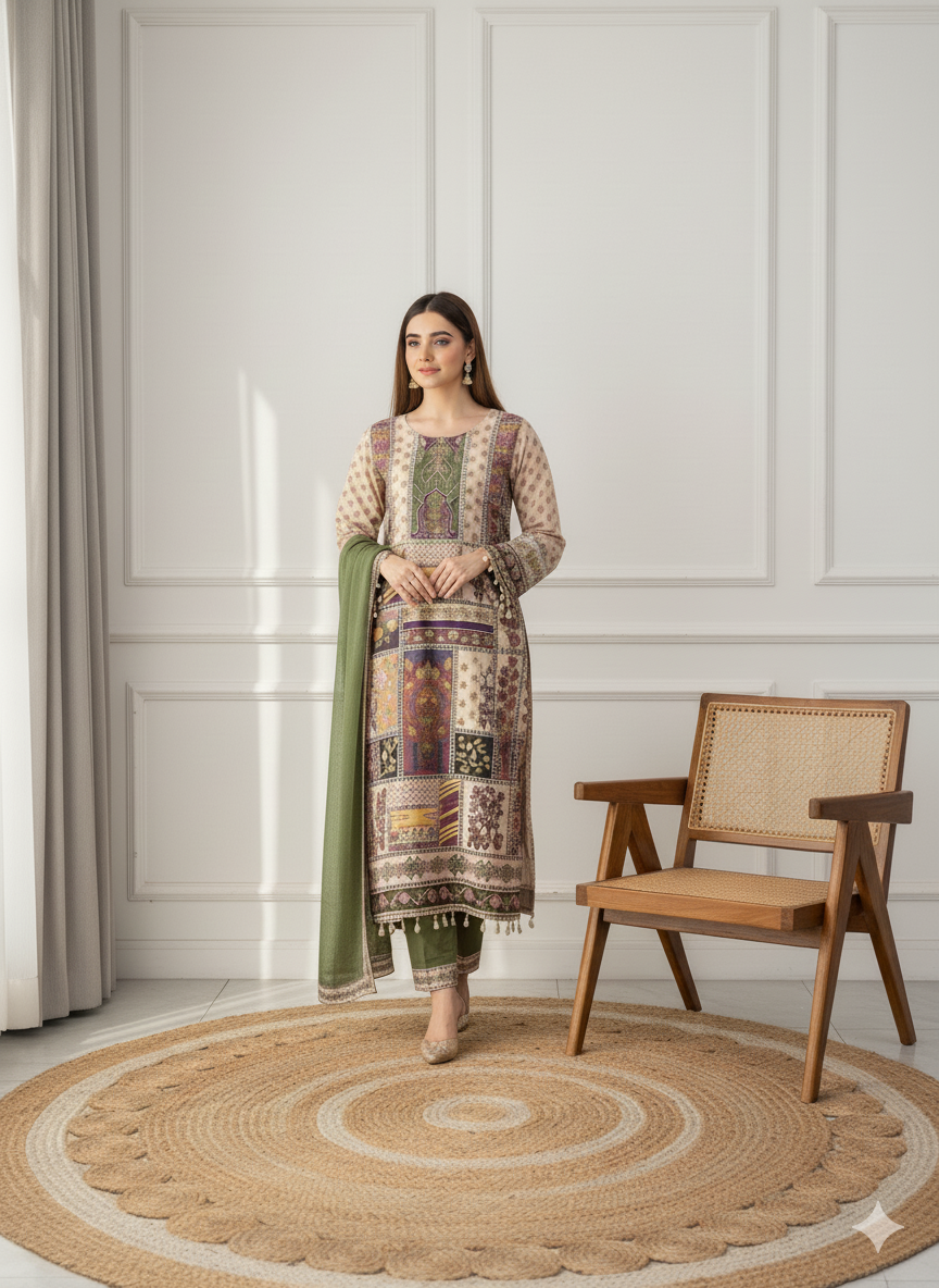 Elegant Printed Beige Kurta with Green Dupatta