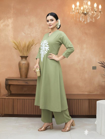 Elegant Olive Green Kurta Set with White Motif